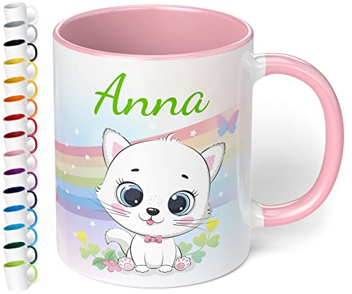 Kinder-Tasse mit Namen „Weiße Katze mit Regenbogen-Motiv“ – personalisierte Namenstasse für Jungen und Mädchen - rundum bedruckt – schönes Geschenk zu Weihnachten, Geburtstag (Rosa) von True Statements