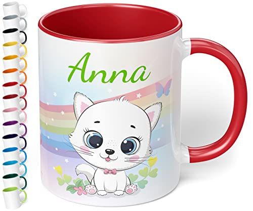 Kinder-Tasse mit Namen „Weiße Katze mit Regenbogen-Motiv“ – personalisierte Namenstasse für Jungen und Mädchen - rundum bedruckt – schönes Geschenk zu Weihnachten, Geburtstag (Rot) von True Statements