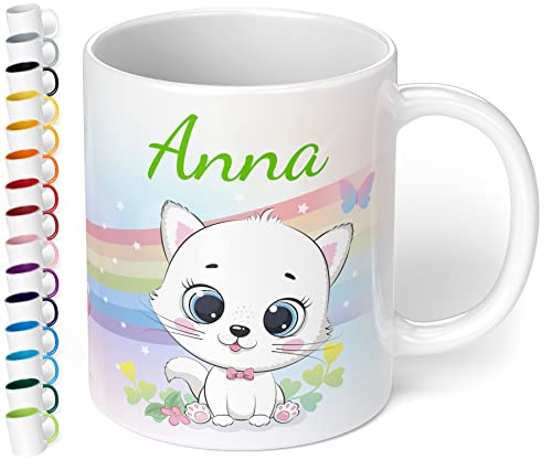 Kinder-Tasse mit Namen „Weiße Katze mit Regenbogen-Motiv“ – personalisierte Namenstasse für Jungen und Mädchen - rundum bedruckt – schönes Geschenk zu Weihnachten, Geburtstag (Weiß) von True Statements