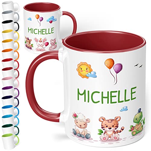 Kinder-Tasse mit Namen 7 süße Tiere – personalisierte Namenstasse für Kinder mit Tier-Motiv - rundum bedruckt – individuelles Geschenk für Jungen & Mädchen | Weihnachten, Geburtstag (Bordeaux) von True Statements