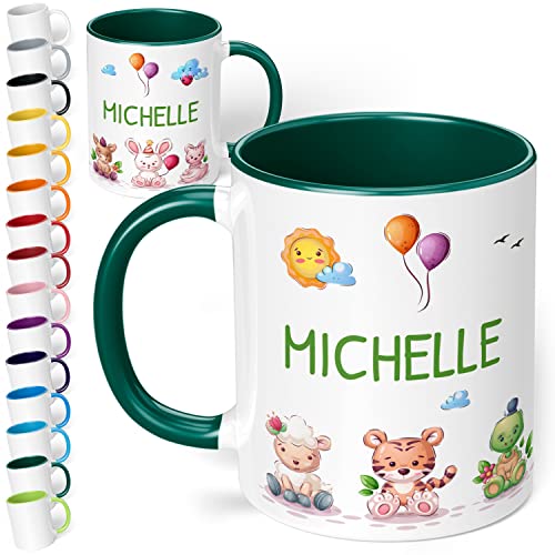 Kinder-Tasse mit Namen personalisiert „7 süße Tiere“ – 330ml Keramik Namenstasse mit Tier-Motiv - rundum bedruckt – Geschenk für Jungen & Mädchen - Weihnachten, Geburtstag (Dunkelgrün) von True Statements