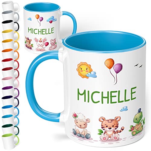 Kinder-Tasse mit Namen 7 süße Tiere – personalisierte Namenstasse für Kinder mit Tier-Motiv - rundum bedruckt – individuelles Geschenk für Jungen & Mädchen | Weihnachten, Geburtstag (Hellblau) von True Statements