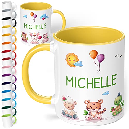 Kinder-Tasse mit Namen 7 süße Tiere personalisiert Namenstasse Tier-Motiv - rundum bedruckt – Geschenk für Jungen & Mädchen | Weihnachten, Geburtstag (Hellgelb) von True Statements