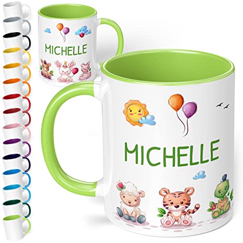 Kinder-Tasse mit Namen 7 süße Tiere – personalisierte Namenstasse für Kinder mit Tier-Motiv - rundum bedruckt – individuelles Geschenk für Jungen & Mädchen | Weihnachten, Geburtstag (Hellgrün) von True Statements