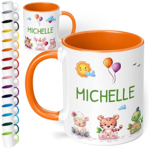 Kinder-Tasse mit Namen 7 süße Tiere – personalisierte Namenstasse für Kinder mit Tier-Motiv - rundum bedruckt – individuelles Geschenk für Jungen & Mädchen | Weihnachten, Geburtstag (Orange) von True Statements