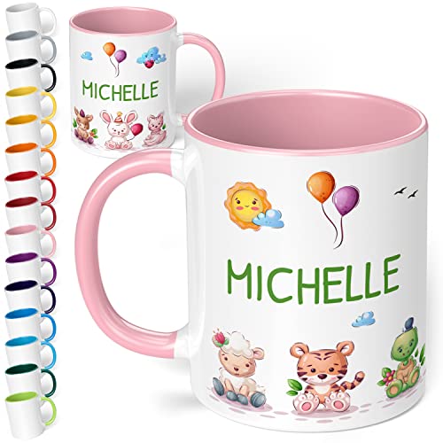 Kinder-Tasse mit Namen 7 süße Tiere – personalisierte Namenstasse für Kinder mit Tier-Motiv - rundum bedruckt – individuelles Geschenk für Jungen & Mädchen | Weihnachten, Geburtstag (Rosa) von True Statements