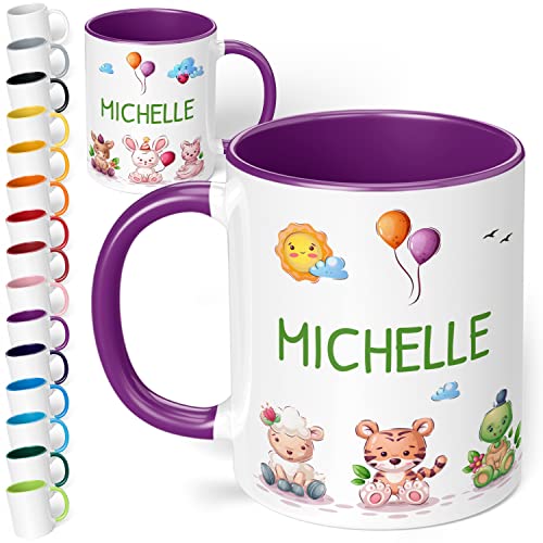 Kinder-Tasse mit Namen 7 süße Tiere – personalisierte Namenstasse für Kinder mit Tier-Motiv - rundum bedruckt – individuelles Geschenk für Jungen & Mädchen | Weihnachten, Geburtstag (Violett) von True Statements