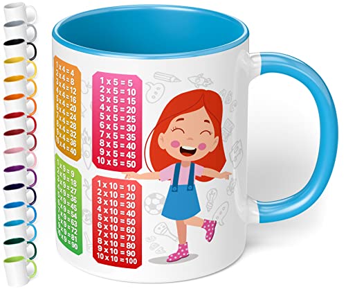 Kindertasse zum Rechnen lernen „1x1 mit Mädchen und Jungen Motiv“ – schöne Kinder-Tasse für Jungen und Mädchen - rundum bedruckt – Geschenk zu Weihnachten, Geburtstag (Hellblau) von True Statements