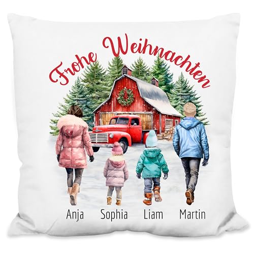 Kissen personalisiert mit Namen & Figuren „Frohe Weihnachten“ – Familien-Motiv - 40x40cm, inkl. Kissen-Füllung | Zierkissen Deko Weihnachtskissen Weihnachts-Geschenk (Flauschiges Kissen) von True Statements