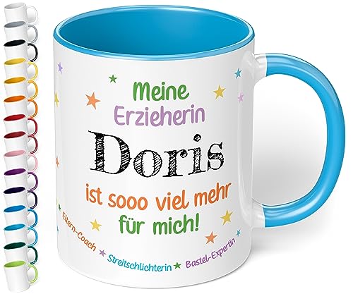 Kita Abschiedsgeschenk für Erzieherin: Tasse personalisiert mit Namen „Meine Erzieherin WUNSCHNAME ist soo viel mehr“ - Dankeschön Geschenk - Kaffeetasse für Krippe, Kindergarten (Hellblau) von True Statements