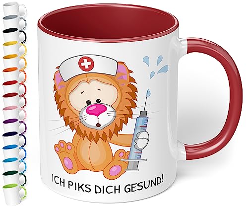 Krankenschwester Tasse Ich piks dich gesund - lustige Kaffee-Tasse mit Spruch - Geschenkidee für Krankenpfleger, Pflegepersonal, Stationsschwester, Arzt - Büro, Arbeit - Weihnachten - innen Bordeaux von True Statements