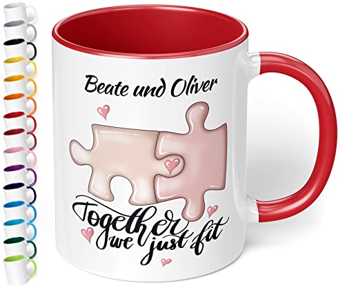 Liebestasse personalisiert mit Namen „Together we just fit“ – Kaffeetasse mit schönem Spruch, Liebes-Geschenke für Männer & Frauen, Partner - Valentinstag, Weihnachten, Hochzeitstag (Rot) von True Statements