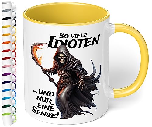 Lustige Büro Tasse „So viele Idioten und nur eine Sense!“ - Kaffee-Tasse mit Spruch Statement Kaffeebecher, Geschenke für Kollegen Mitarbeiter Büro Arbeit zum Geburtstag Weihnachten (Hellgelb) von True Statements