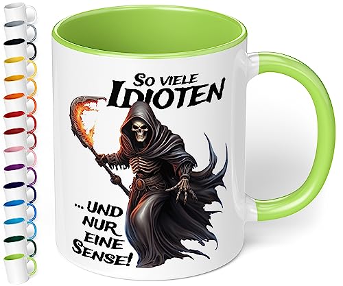 Lustige Büro Tasse „So viele Idioten und nur eine Sense!“ - Kaffee-Tasse mit Spruch Statement Kaffeebecher, Geschenke für Kollegen Mitarbeiter Büro Arbeit zum Geburtstag Weihnachten (Hellgrün) von True Statements