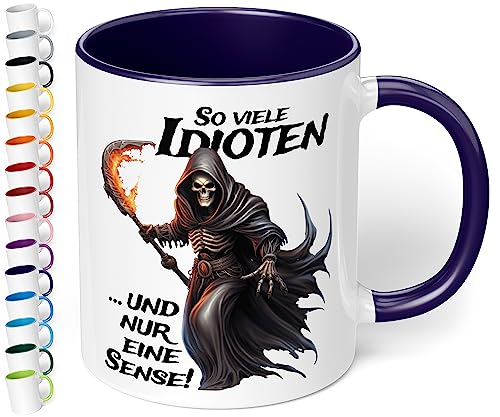 Lustige Büro Tasse „So viele Idioten und nur eine Sense!“ - Kaffee-Tasse mit Spruch Statement Kaffeebecher, Geschenke für Kollegen Mitarbeiter Büro Arbeit zum Geburtstag Weihnachten (Kobaltblau) von True Statements