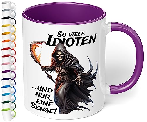 Lustige Büro Tasse „So viele Idioten und nur eine Sense!“ - 330ml Keramik Kaffeebecher mit Spruch Statement Geschenke für Kollegen Mitarbeiter Büro Arbeit Geburtstag Weihnachten (Violett) von True Statements