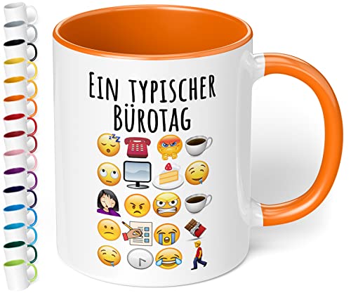 Lustige Büro Tasse Ein typischer Bürotag - lustige Kaffee-Tasse mit Spruch Emoticon Kaffeebecher, Geschenk für Mitarbeiter Kollegen Büro Arbeit Homeoffice Geburtstag Weihnachten (Orange) von True Statements