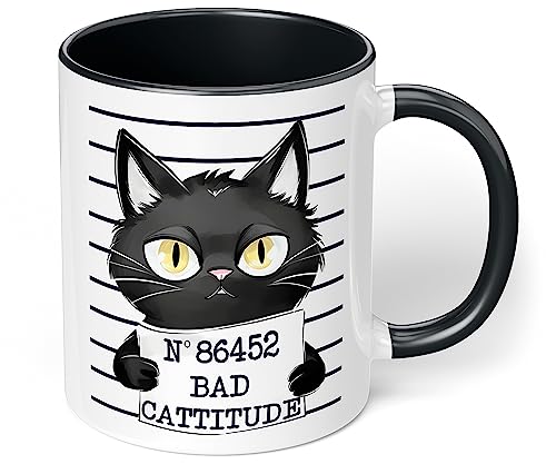 Lustige Bürotasse „Bad cattitude“ - Kaffee-Tasse mit Spruch | Statement Kaffeebecher, Geschenke für Kollegen Mitarbeiter Büro Arbeit zum Geburtstag Weihnachten (Bad cattitude, Schwarz) von True Statements