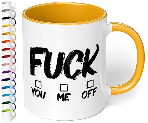 Lustige Bürotasse „Fuck you me off“ - Kaffee-Tasse mit Spruch | Statement Kaffeebecher, Geschenke für Kollegen Mitarbeiter Büro Arbeit zum Geburtstag Weihnachten (Goldgelb) von True Statements