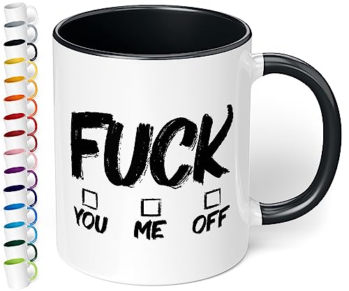 Lustige Bürotasse „Fuck you me off“ - 330ml Keramik Kaffeebecher mit Spruch - Statement Kaffeebecher, Geschenke für Kollegen Büro Arbeit Geburtstag Weihnachten (Schwarz) von True Statements