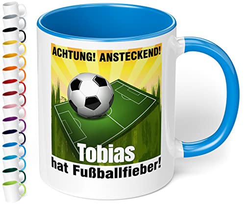 Lustige Fußball-Tasse mit Namen „Achtung! Ansteckend! WUNSCHNAME hat Fußballfieber!“ – Kaffee-Tasse mit Spruch - Fußball Geschenk für Männer, Jungs, Mädchen | Weihnachten, Geburtstag (Cambridge Blau) von True Statements