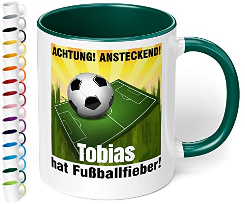 Lustige Fußball Tasse mit Namen „Achtung! Ansteckend! WUNSCHNAME hat Fußballfieber!“ – 330ml Keramik Kaffee-Tasse mit Spruch - Geschenk Weihnachten Geburtstag (Dunkelgrün) von True Statements