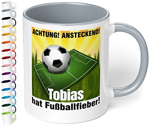 Lustige Fußball-Tasse mit Namen „Achtung! Ansteckend! WUNSCHNAME hat Fußballfieber!“ – Kaffee-Tasse mit Spruch - Fußball Geschenk für Männer, Jungs, Mädchen | Weihnachten, Geburtstag (Grau) von True Statements
