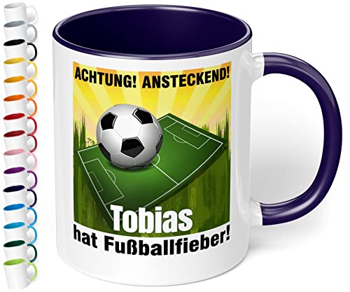 Lustige Fußball-Tasse mit Namen „Achtung! Ansteckend! WUNSCHNAME hat Fußballfieber!“ – Kaffee-Tasse mit Spruch - Fußball Geschenk für Männer, Jungs, Mädchen | Weihnachten, Geburtstag (Kobaltblau) von True Statements