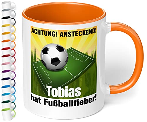 Lustige Fußball-Tasse mit Namen „Achtung! Ansteckend! WUNSCHNAME hat Fußballfieber!“ – Kaffee-Tasse mit Spruch - Fußball Geschenk für Männer, Jungs, Mädchen | Weihnachten, Geburtstag (Orange) von True Statements