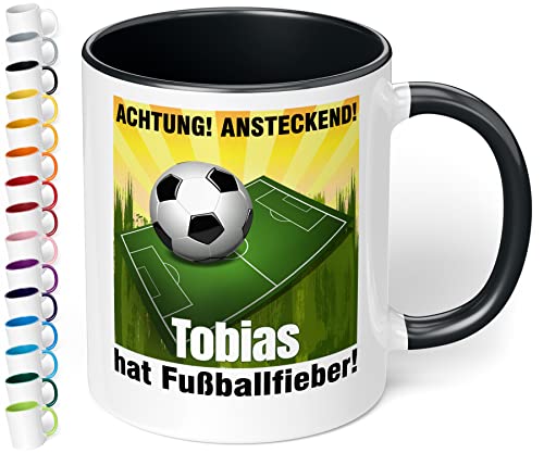Lustige Fußball-Tasse mit Namen „Achtung! Ansteckend! WUNSCHNAME hat Fußballfieber!“ – Kaffee-Tasse mit Spruch - Fußball Geschenk für Männer, Jungs, Mädchen | Weihnachten, Geburtstag (Schwarz) von True Statements