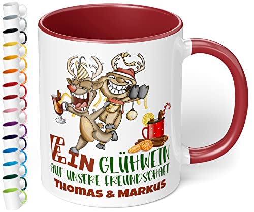 True Statements Lustige Weihnachtstasse für Freunde mit Namen personalisiert „Ein Glühwein auf unsere Freundschaft“ - 330ml Keramik Kaffeebecher - Geschenk zu Weihnachten (Bordeaux) von True Statements