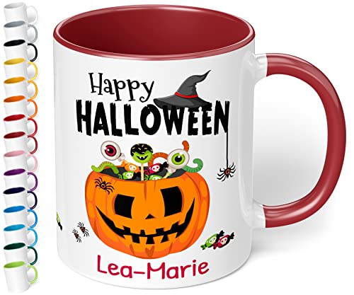 Lustige Halloween Tasse personalisiert „Happy Halloween“ – 330ml Keramik Kaffeebecher mit Namen und Spruch - Geschenk Halloweenparty gruselige Dekoration (Bordeaux) von True Statements