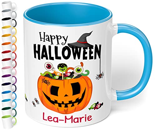 Lustige Halloween Tasse personalisiert „Happy Halloween“ – 330ml Keramik Kaffeebecher mit Namen und Spruch - Geschenk Halloweenparty gruselige Dekoration (Hellblau) von True Statements