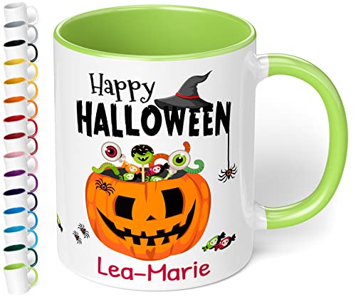 Lustige Halloween Tasse personalisiert „Happy Halloween“ – 330ml Keramik Kaffeebecher mit Namen und Spruch - Geschenk Halloweenparty gruselige Dekoration (Hellgrün) von True Statements