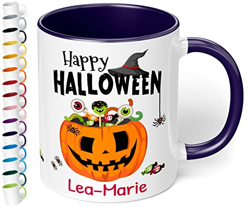 Lustige Halloween Tasse personalisiert „Happy Halloween“ – 330ml Keramik Kaffeebecher mit Namen und Spruch - Geschenk Halloweenparty gruselige Dekoration (Kobaltblau) von True Statements