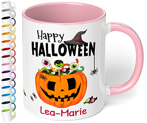 Lustige Halloween Tasse personalisiert „Happy Halloween Wunsch-Name“ – coole Kaffeetasse mit Spruch als Geschenk oder Mitbringsel zur Halloweenparty oder als gruselige Dekoration (Rosa) von True Statements