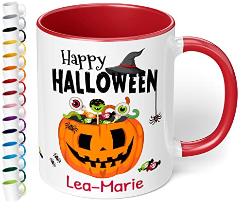 Lustige Halloween Tasse personalisiert „Happy Halloween Wunsch-Name“ – coole Kaffeetasse mit Spruch als Geschenk oder Mitbringsel zur Halloweenparty oder als gruselige Dekoration (Rot) von True Statements