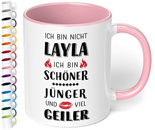 Lustige Kaffee-Tasse Ich bin nicht Layla - ich bin viel geiler - witzig auf jeder Party, im Büro oder Urlaub - Geschenk für Malle-Fans (Rosa) von True Statements