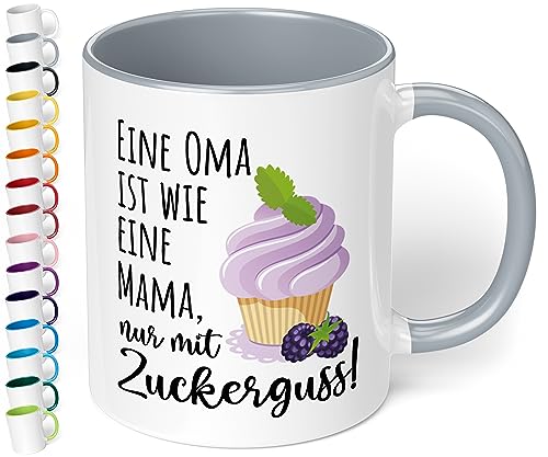 Lustige Oma Tasse mit Spruch Eine Oma ist wie eine Mama, nur mit Zuckerguss - Kaffeetasse, Kaffeebecher, das ideale Geschenk für Großmutter | Weihnachten | Geburtstag (Grau) von True Statements