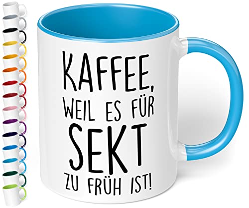 Lustige Tasse „Kaffee, weil es für Sekt zu früh ist!“ – 330ml Keramik Kaffeetasse mit Spruch - Geschenk für Kollegen, Freunde, Frauen zum Geburtstag, Vatertag, Weihnachten (Hellblau) von True Statements