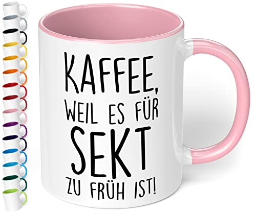 Lustige Tasse „Kaffee, weil es für Sekt zu früh ist!“ – 330ml Keramik Kaffeetasse mit Spruch - Geschenk für Kollegen, Freunde, Frauen zum Geburtstag, Vatertag, Weihnachten (Rosa) von True Statements