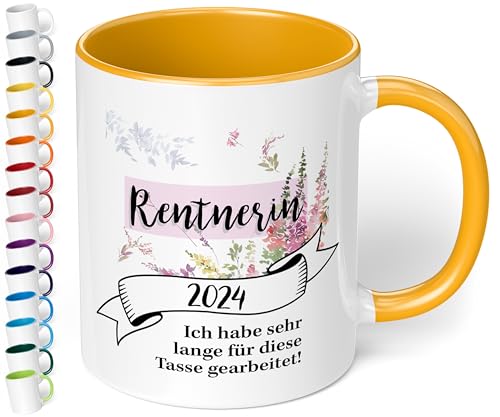 Lustige Tasse Rentnerin 2024 - BAND-Motiv - Kaffeetasse mit schönem Spruch - Geschenk zur Rente, Ruhestand - beidseitig bedruckt - spülmaschinenfest, innen gold gelb von True Statements