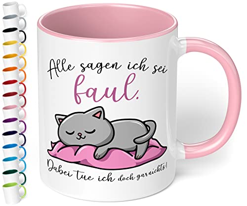 Lustige Tasse für Faule „Alle sagen ich sei faul, dabei tue ich doch gar nichts!“ mit süßem Katzemotiv – Kaffeetasse als Geschenk für Kollegen und Freunde zum Geburtstag, Weihnachten (Rosa) von True Statements