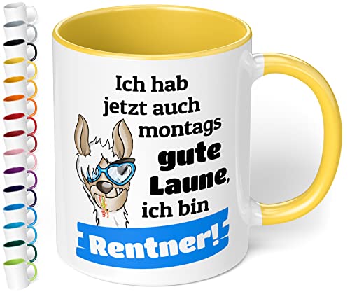 Lustige Tasse für Rentner „Ich hab jetzt auch montags gute Laune“ - Kaffeetasse mit Spruch - Geschenk zur Rente, Renteneintritt, Ruhestand für Männer, Abschiedsgeschenk Kollegen (Hellgelb) von True Statements