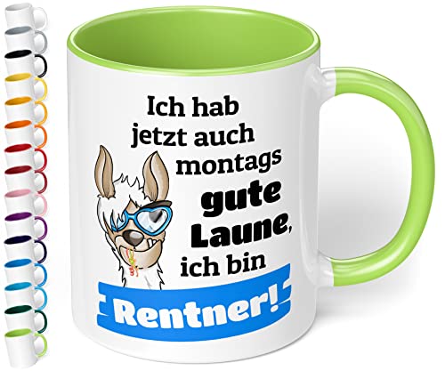 Lustige Tasse für Rentner „Ich hab jetzt auch montags gute Laune“ - 330ml Keramik Kaffeetasse - Geschenk Renteneintritt Ruhestand Abschiedsgeschenk Kollegen (Hellgrün) von True Statements