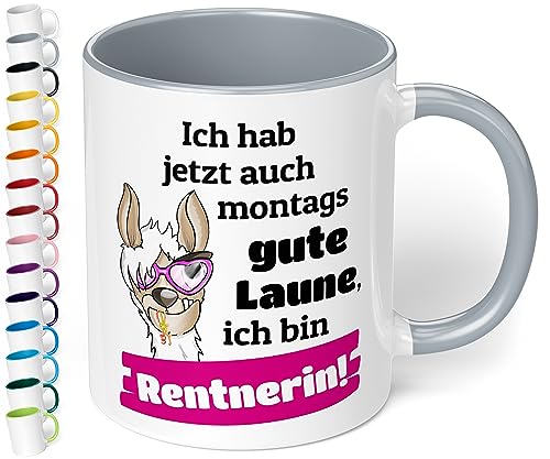 Lustige Tasse für Rentnerin „Ich hab jetzt auch montags gute Laune“ - Kaffeetasse mit Spruch - 330ml Keramik Kaffeetasse - Geschenk Renteneintritt Ruhestand Abschiedsgeschenk Kollegen (Grau) von True Statements