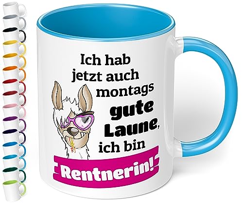 Lustige Tasse für Rentnerin „Ich hab jetzt auch montags gute Laune“ - Kaffeetasse mit Spruch - Geschenk zur Rente, Renteneintritt, Ruhestand für Frau, Abschiedsgeschenk Kollegen (Hellblau) von True Statements