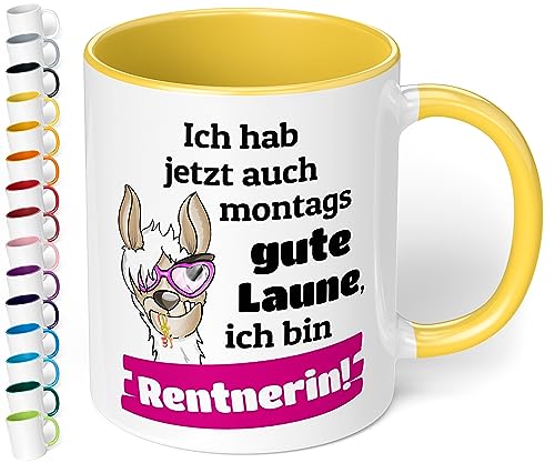 Lustige Tasse für Rentnerin „Ich hab jetzt auch montags gute Laune“ - Kaffeetasse mit Spruch - 330ml Keramik Kaffeetasse - Geschenk Renteneintritt Ruhestand Abschiedsgeschenk Kollegen (Hellgelb) von True Statements