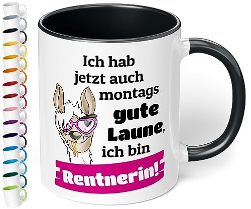 Lustige Tasse für Rentnerin „Ich hab jetzt auch montags gute Laune“ - Kaffeetasse mit Spruch - Geschenk zur Rente, Renteneintritt, Ruhestand für Frau, Abschiedsgeschenk Kollegen (Schwarz) von True Statements