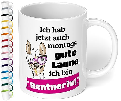 Lustige Tasse für Rentnerin „Ich hab jetzt auch montags gute Laune“ - Kaffeetasse mit Spruch - 330ml Keramik Kaffeetasse - Geschenk Renteneintritt Ruhestand Abschiedsgeschenk Kollegen (Weiß) von True Statements